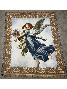 Vintage American Weavers Guardian Angel Throw Tapestry Wall Hanging 48 X 57